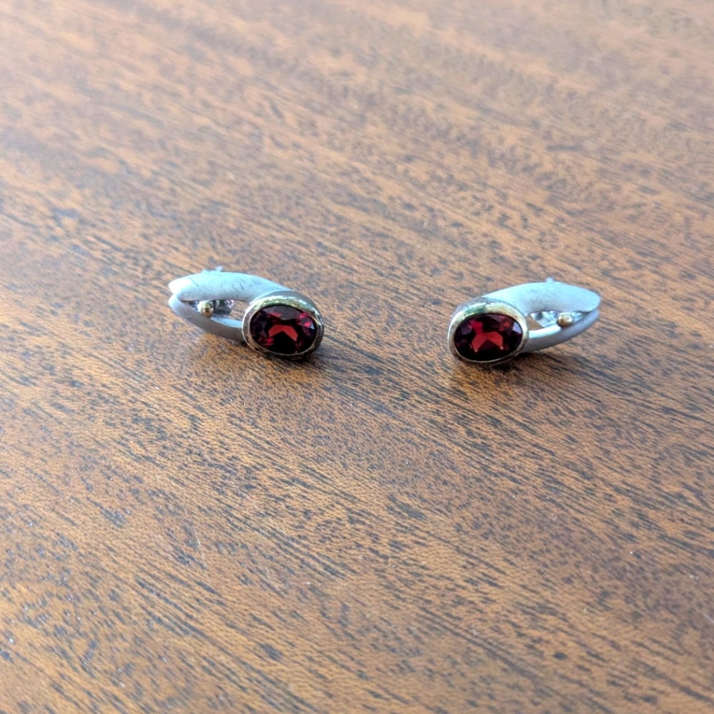 Garnet Earrings With Silver/Gold Colors.  Posts Are Sterling.